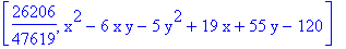[26206/47619, x^2-6*x*y-5*y^2+19*x+55*y-120]